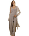 Woman in grey loungewear set with striped robe