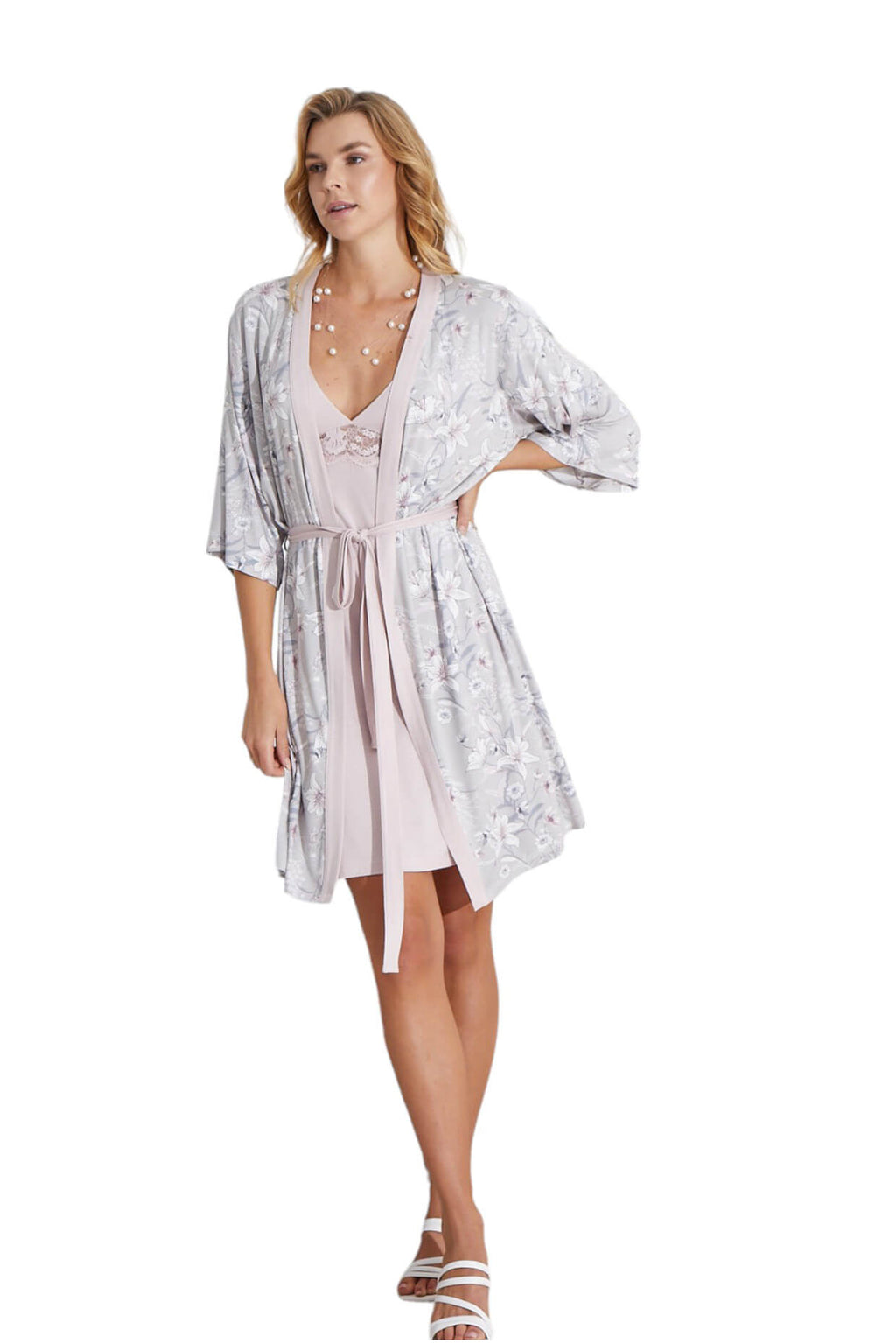Pajamas Robe with Plain V-Neck Dress Set