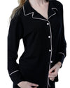 Elegant Black Cotton Button-Up Sleep Shirt with Pink Trim