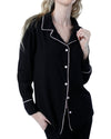 Elegant Black Cotton Button-Up Sleep Shirt with Pink Trim