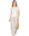 Women's Striped Wide-Leg Pants Set with Embroidered Floral Top