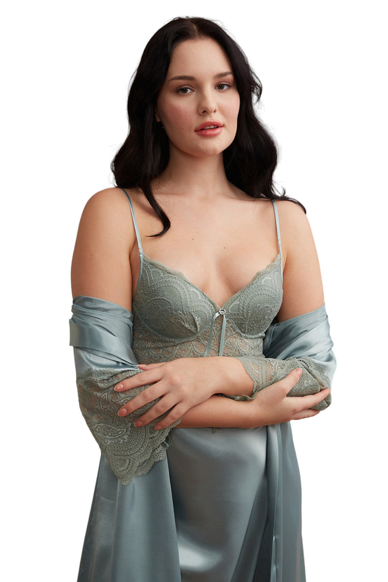 Luxurious Satin Babydoll Robe with Lace Sleeves