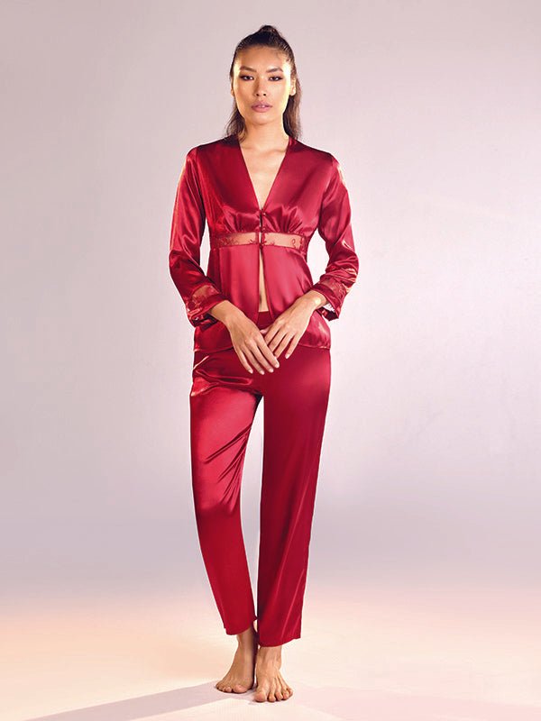 Elegant Embroidered V-neck Top with Coordinating Plain Pants and Robe Set