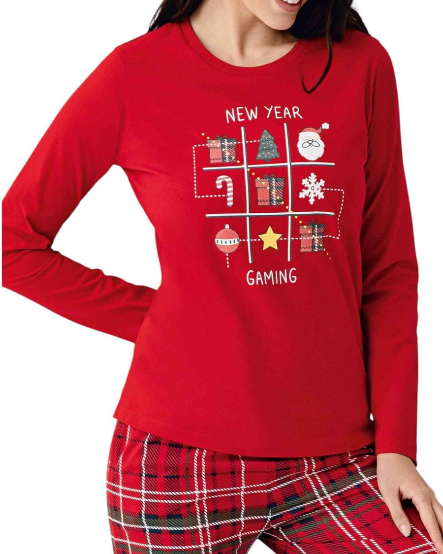 Red long-sleeve shirt with New Year Gaming design and plaid pants