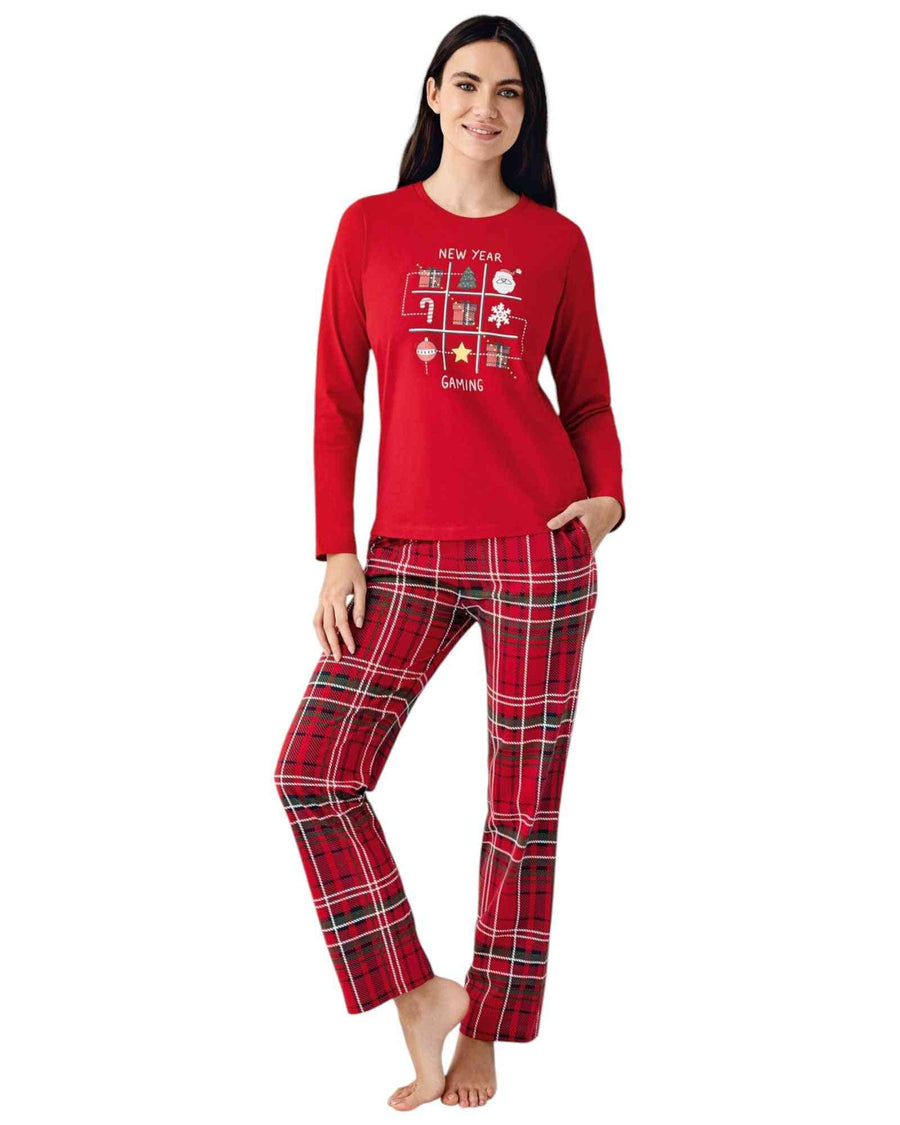 Red long-sleeve shirt with New Year Gaming design and plaid pants