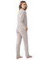 Woman wearing a striped pajama set 