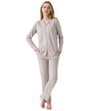 Woman wearing a striped pajama set 