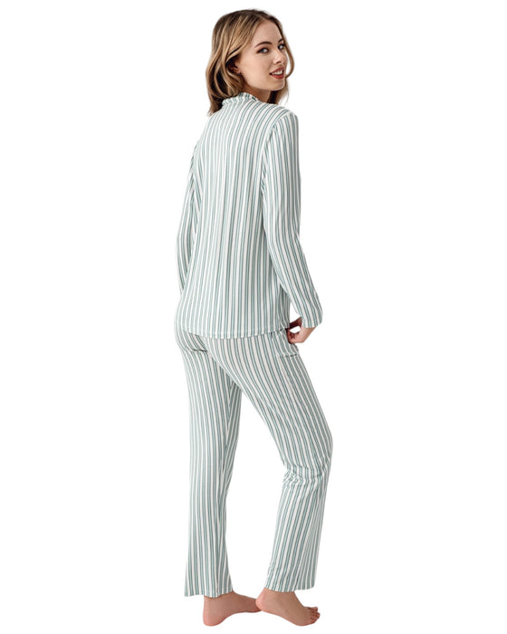 Woman wearing a striped pajama set 