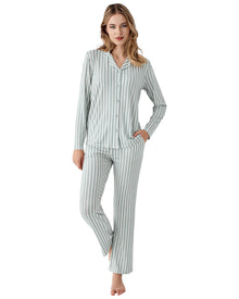  Woman wearing a striped pajama set 