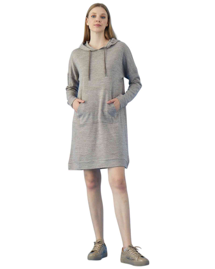 Shop Oversized Soft Wool Hoodie Dress online featuring a relaxed fit, front kangaroo pocket, and drawstring hood in cozy grey wool fabric.