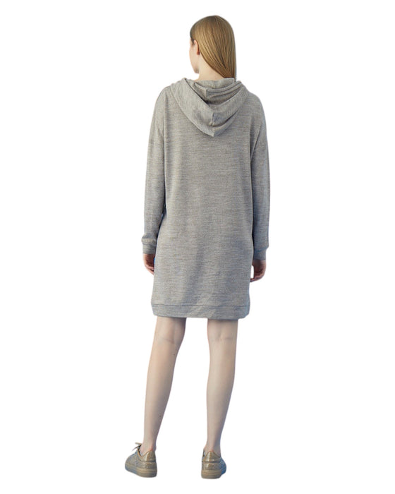 woman wearing a gray hooded dress  