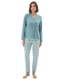  Woman wearing a teal cardigan and checkered pants 