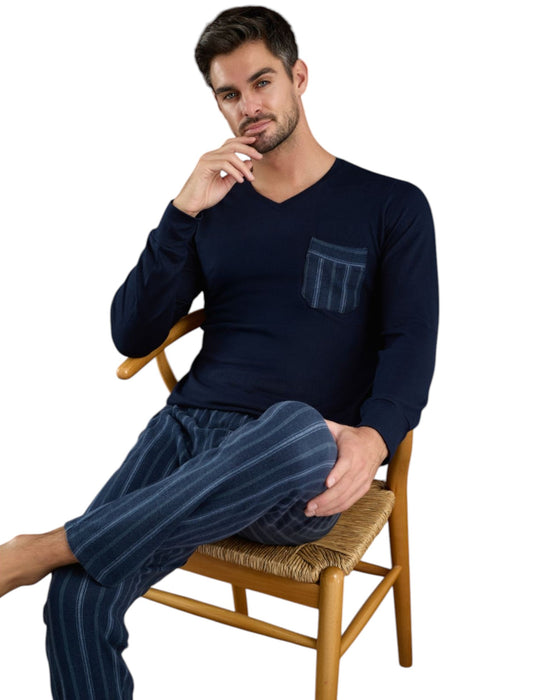 Man wearing navy blue pajama set 
