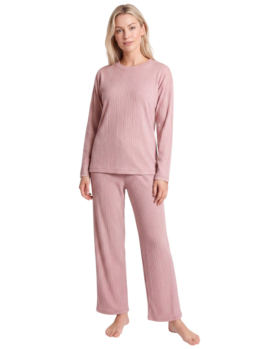 Women’s ribbed crew-neck long pajama set with long-sleeve top and matching relaxed-fit pants