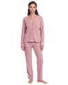 A woman modeling a two-piece set consisting of a long-sleeve button-front cardigan and matching pants in a heathered taupe-brown color