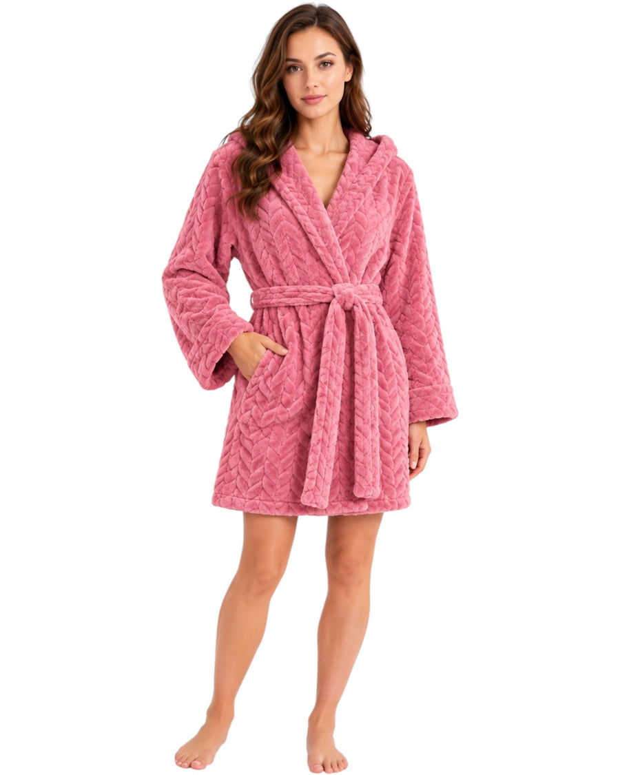 the Hooded Plush Robe, featuring a soft textured finish, cozy hood, adjustable waist belt