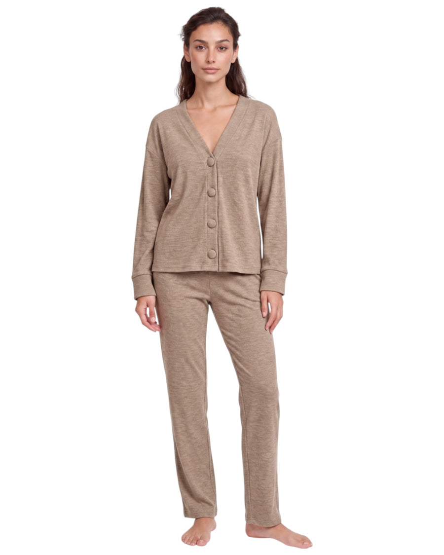 A woman modeling a two-piece loungewear set consisting of a long-sleeve button-front cardigan and matching pants in a heathered taupe-brown color