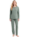 A woman modeling a two-piece heather sage green pajama set, featuring a long-sleeve henley top with three buttons and matching straight-leg pants