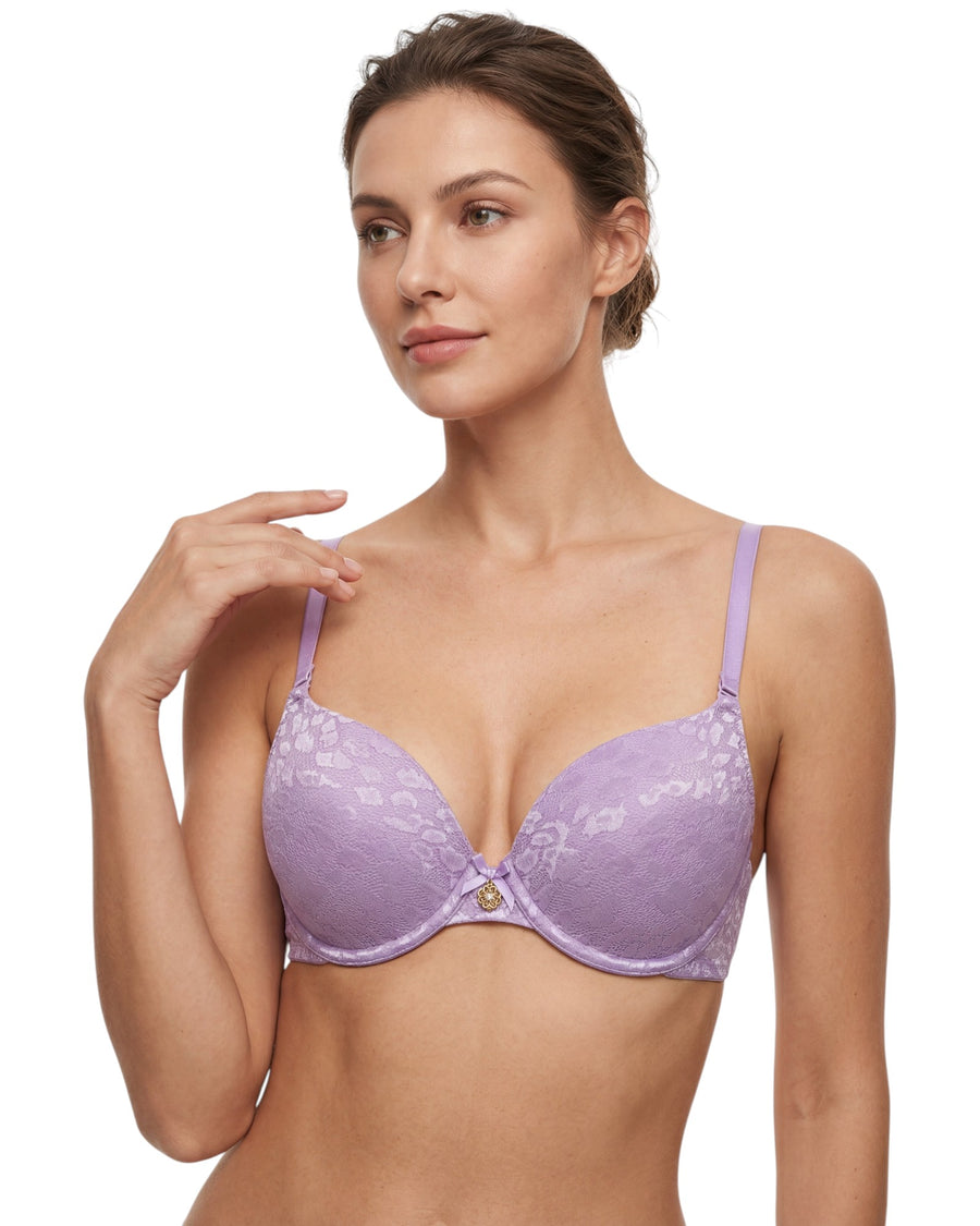 Woman wearing a purple patterned bra
