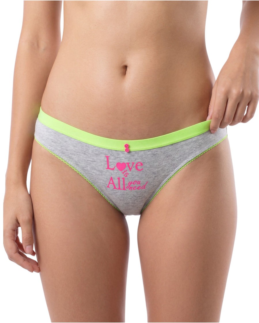 Gray underwear with pink text and green trim 