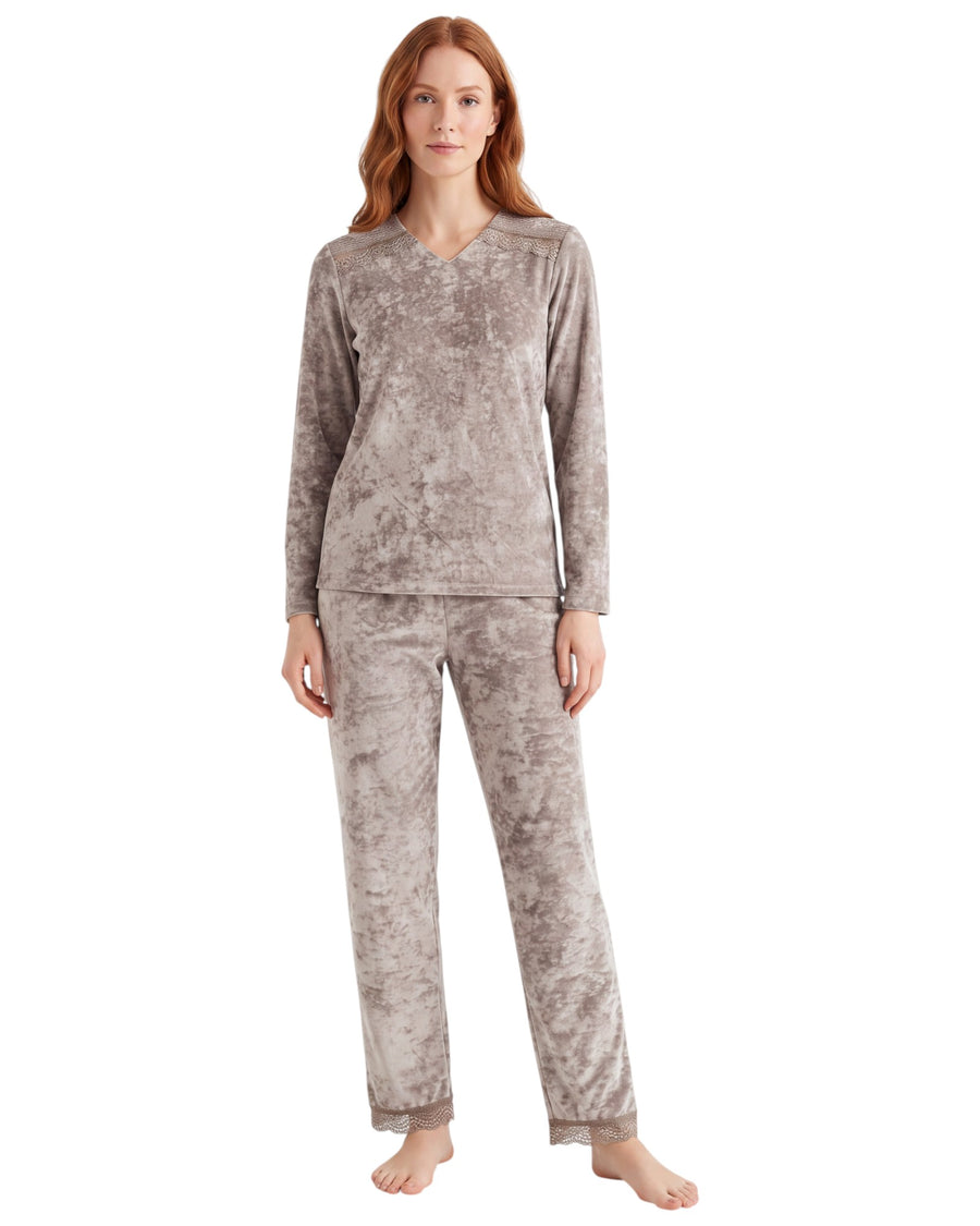 Velvet Lace Detail Pajama Set, featuring a soft velvet finish, V-neck top with delicate lace shoulder details and matching straight-leg pants.