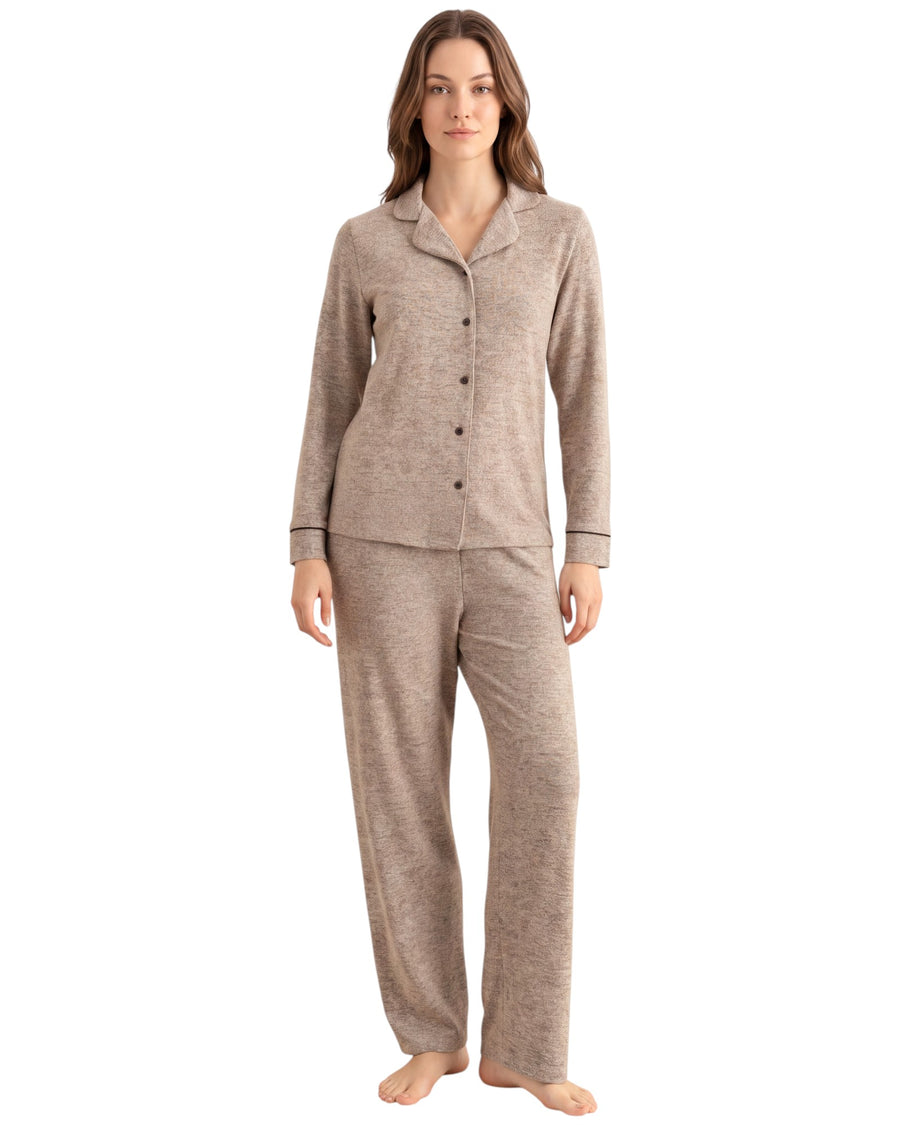 A woman modeling a two-piece knit pajama set in a heathered taupe-beige color, featuring a long-sleeve button-front top with a collar and matching wide-leg pants