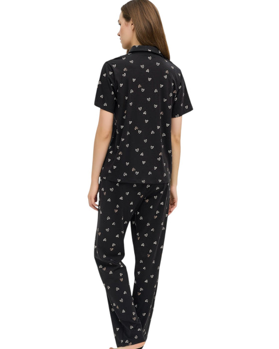 Black Heart Print Pajama Set – Button-Up Shirt & Long Pants