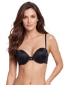 Woman wearing a black double-padded strapless push-up bra with smooth molded cups, underwire support, and removable straps
