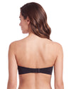 Back view of a woman wearing a black strapless push-up bra featuring a smooth back band and hook-and-eye closure