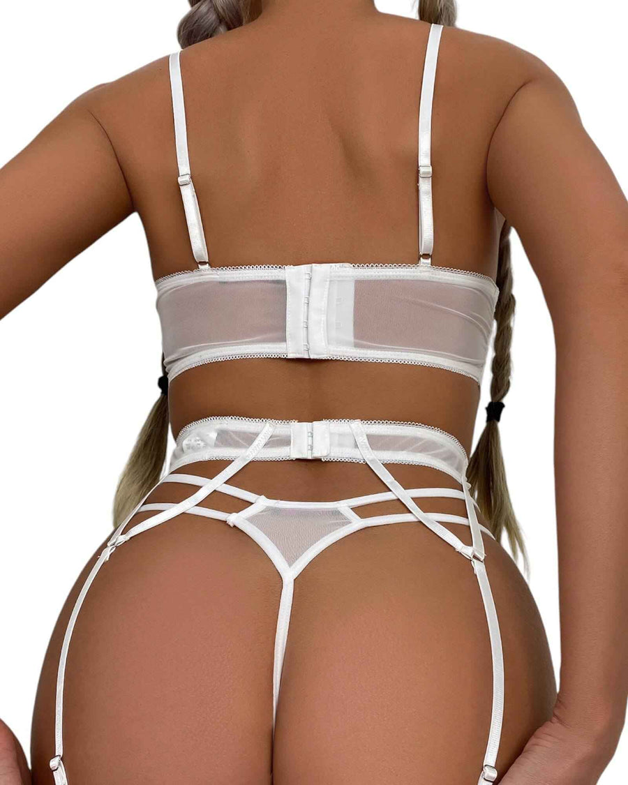 Back view of the Ellina Lace 3-Piece Lingerie Set showing adjustable straps and sheer mesh details. Stylish and supportive bra set for women.