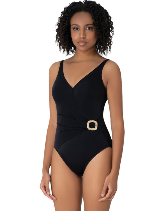 Elegant Black One-Piece Swimsuit with Gold Buckle Accent