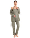 A woman modeling a three-piece heathered sage green loungewear set, featuring a tank top, matching pants, and an open-front cardigan