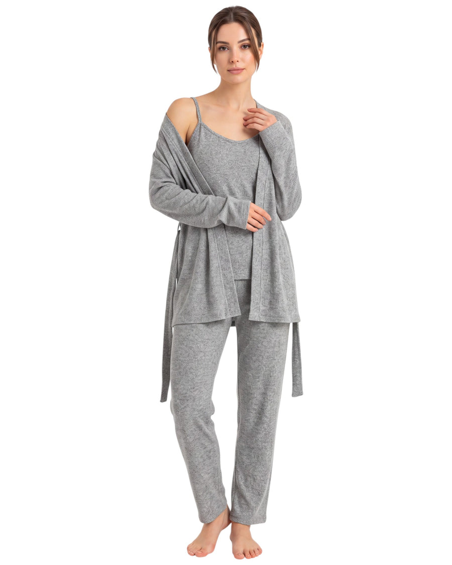 A woman modeling a light gray two-piece loungewear set consisting of a tank top with shoulder cutouts, a matching long-sleeve open-front cardigan, and matching jogger pants