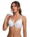 Woman wearing a white lace bra 