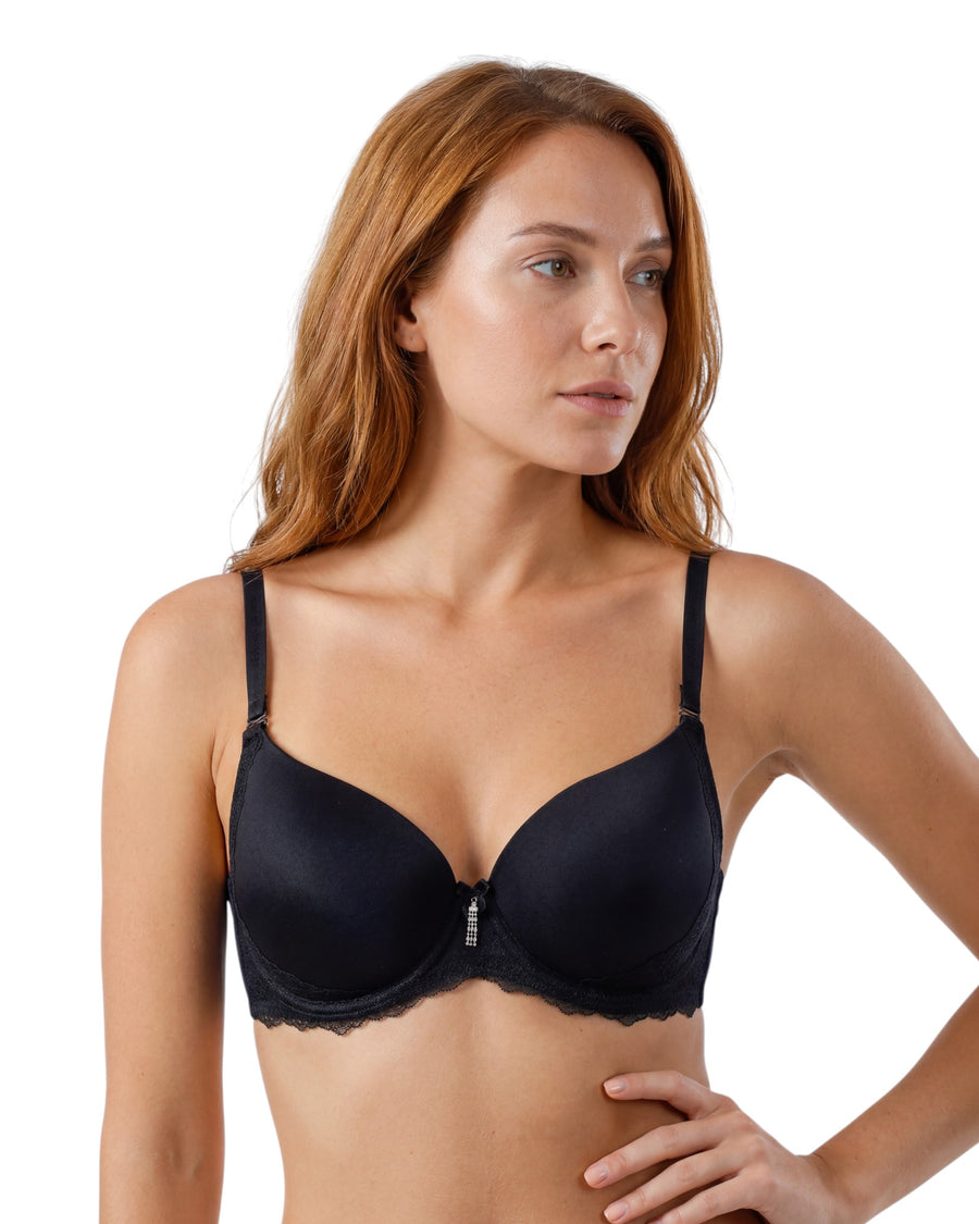 Shop Ellina Everyday Black Lace Bra with soft padding, underwire lift, and rhinestone charm for DD cup sizes. Feminine lace trim adds elegance.