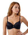 Shop Ellina Everyday Black Lace Bra with soft padding, underwire lift, and rhinestone charm for DD cup sizes. Feminine lace trim adds elegance.