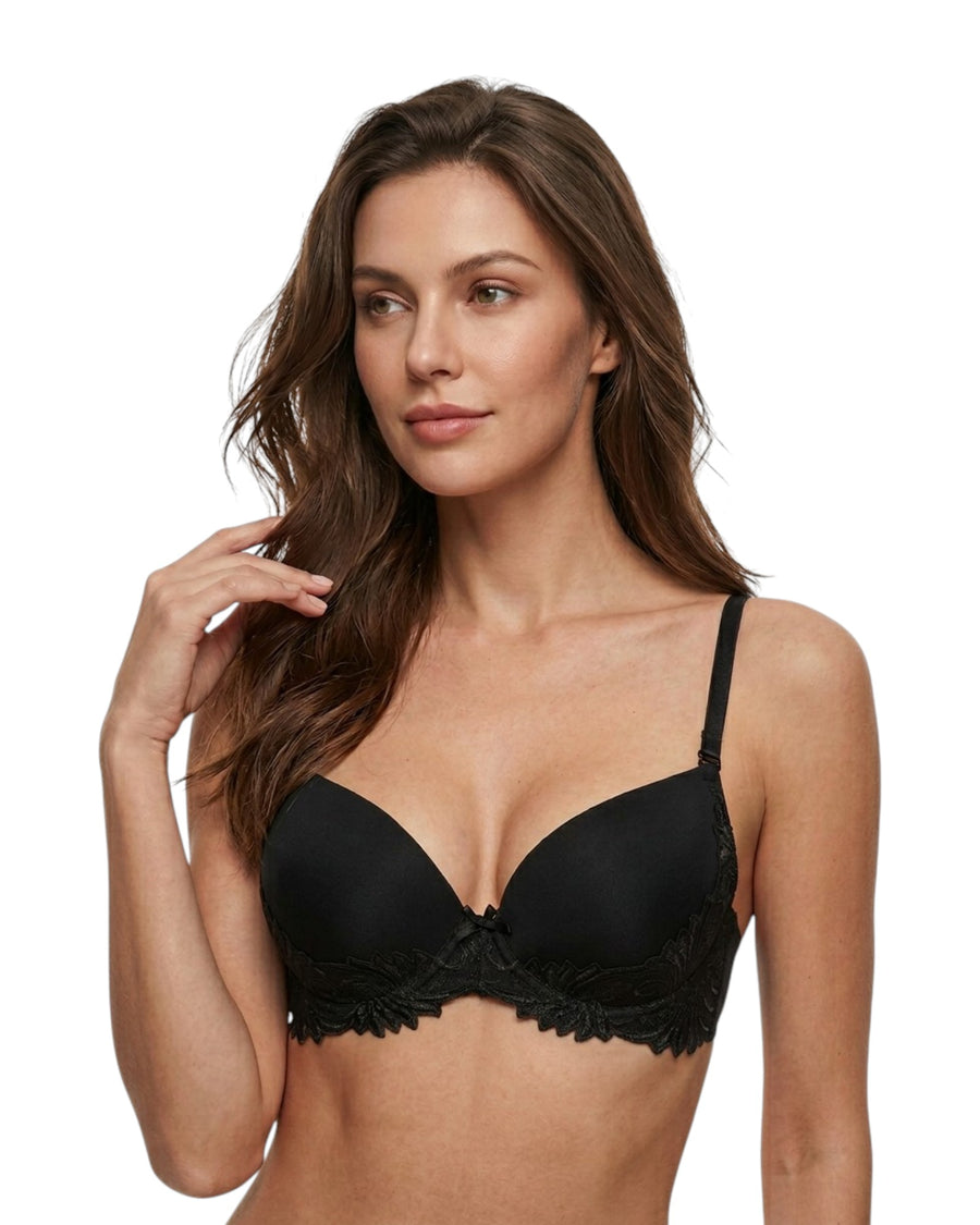 Woman wearing a black push up bra 