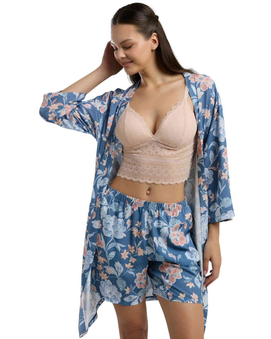 Shop Ellina 2025 Floral Women's Kimono Robe Set with Shorts & Lace Bralette in soft blue with pink floral print, ideal for stylish lounging.