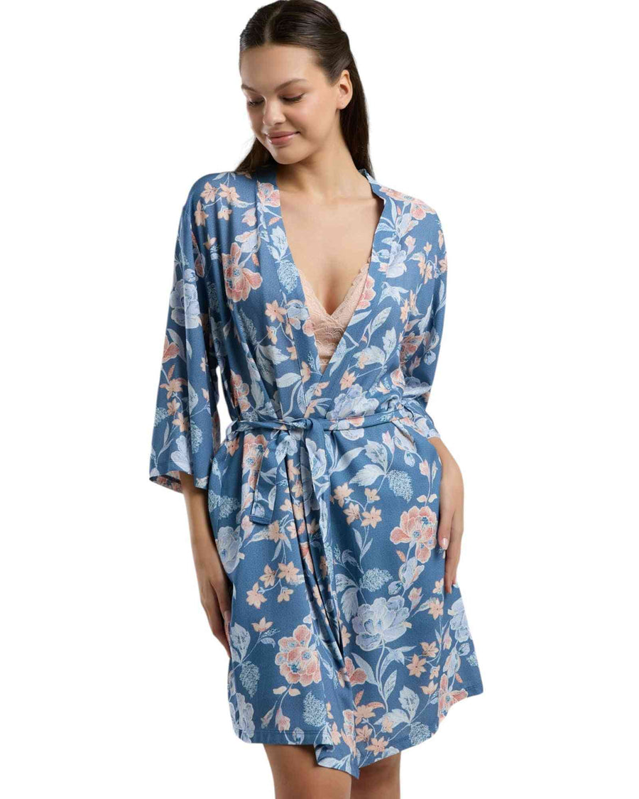 Ellina 2025 Floral Women's Kimono Robe Set tied at the waist, featuring a blue floral robe over a lace bralette for chic homewear style.