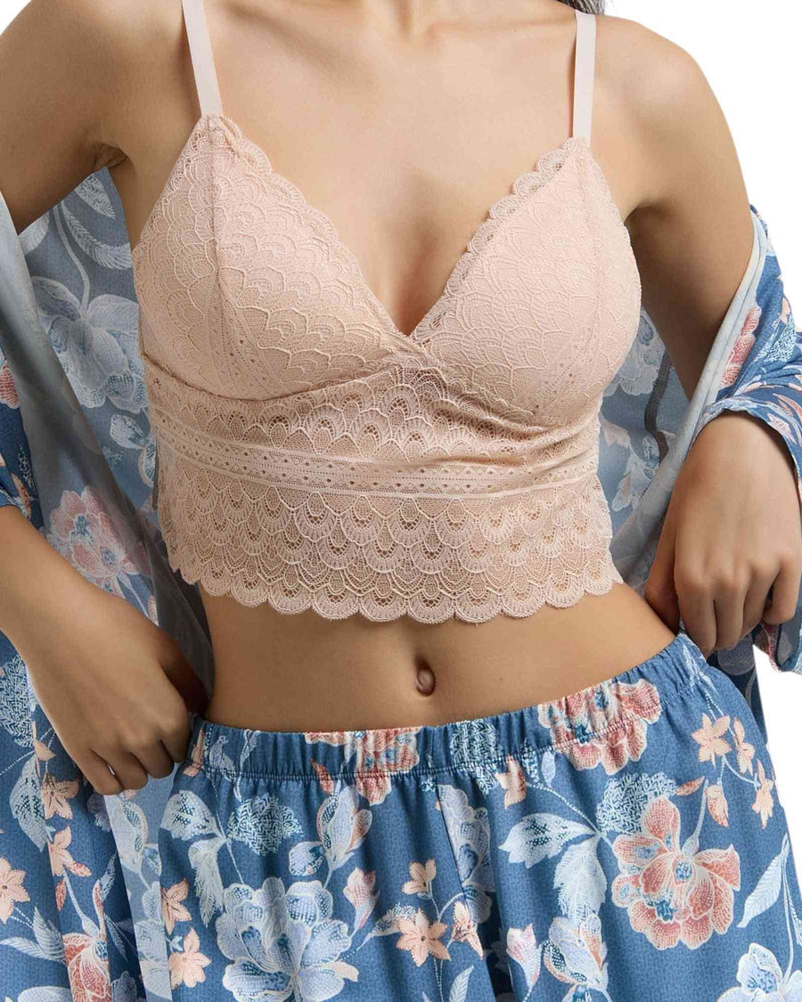 Close-up of Ellina 2025 Floral Women's Kimono Robe Set showing blush lace bralette and floral shorts, perfect for elegant sleepwear comfort.