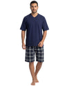 men's navy t-shirt with checked shorts
