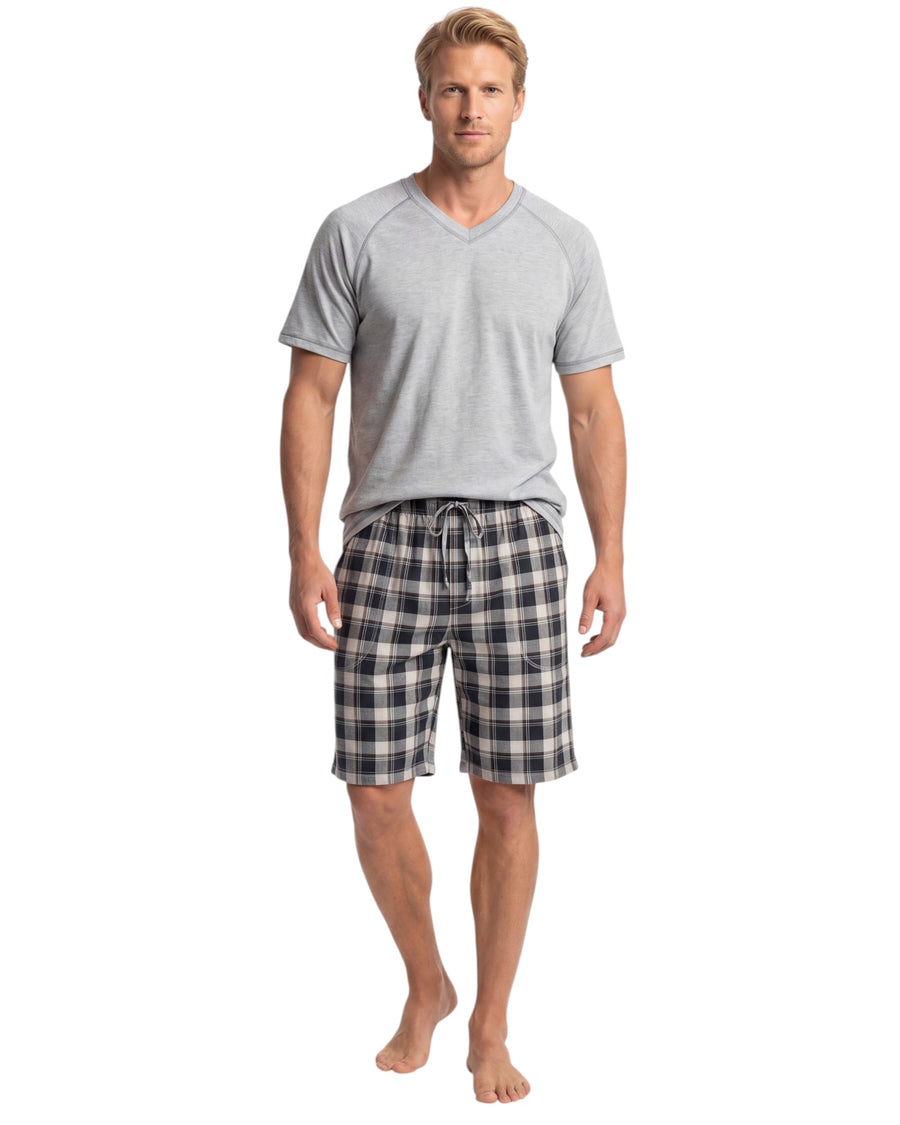 men's grey t-shirt with checked shorts