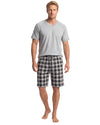 men's grey t-shirt with checked shorts