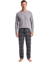 A man modeling a gray long-sleeve V-neck shirt and black-and-white plaid pajama pants 