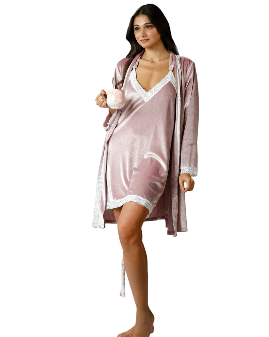 Shop Velour Embroidered V-Neck Dress and Matching Robe Set Online in blush pink with lace trim, ideal for elegant lounging and cozy nights.