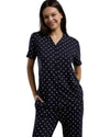 Close-up image of women wearing navy pajama set