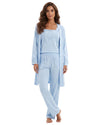 Women's light blue pajama set featuring a short sleeve lace-trim top with decorative buttons and matching full-length pants with side pockets.