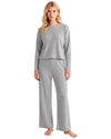 Set featuring a soft ribbed texture, relaxed long sleeve top and matching wide leg pants