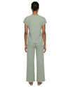 women wearg a soft olive long pajama set