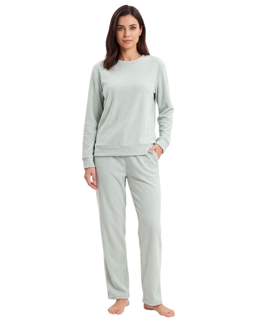 Women’s soft touch long pajama set with crew-neck top and straight-leg pants